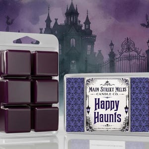 May include: A package of six dark purple wax melts in a clear plastic tray next to a rectangular label featuring a purple and black damask pattern, a gothic gate illustration, and the text Main Street Melts Candle Co. Happy Haunts.