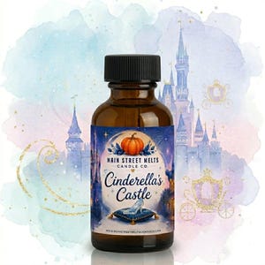 May include: A small amber glass bottle with a black screw cap, featuring a label that reads Main Street Melts Candle Co. Cinderella's Castle, decorated with an illustration of a pumpkin, a glass slipper on a cushion, and a castle silhouette.