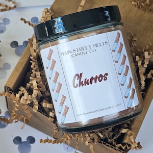 CHURROS Disney inspiriert Kerze 9 Unzen Glas Natürliches Sojawachs Main Street Melts Candle Co. Magic Themed Theme Park Duft Churro Cart Cinnamon