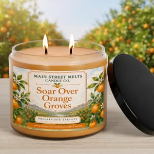 May include: A two-wick orange candle in a glass jar with a black lid. The label features a landscape illustration of orange groves, text reading Main Street Melts Candle Co. Soar Over Orange Groves, and the website www.MainStreetMeltsCandleCo.com.