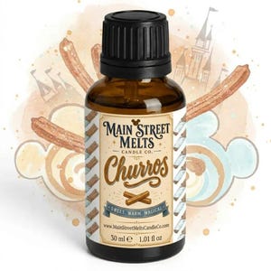 May include: A 30 ml amber glass bottle with a black cap, featuring a label that reads Main Street Melts Candle Co. Churros, Sweet, Warm, Magical, and www.MainStreetMeltsCandleCo.com, decorated with illustrations of churros and a castle.