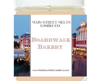 BOARDWALK BAKERY Disney Inspired Candle 9oz Jar Natural Soy Wax Main Street Melts Candle Co. Magic Themed Theme Park scent cinnamon rolls