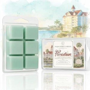 Peut inclure: Une tablette de cire parfumée vert clair dans un emballage en plastique transparent. L'étiquette présente une illustration aquarelle d'un complexe hôtelier, le texte Main Street Melts Candle Co. et le mot Floridian avec Green Clover & Aloe.