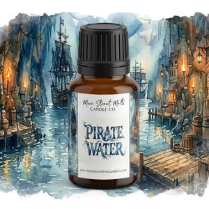 May include: A brown glass bottle with a black cap, labeled "Pirate Water" from Main Street Melts Candle Co. The background is a watercolor painting of a pirate harbor scene with ships and docks.