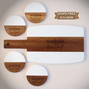 Custom Wood & Marble Cutting Board and Coaster Set – Personalized Wedding Gift – Engraved Cheese Board with Matching Coasters, Kitchen Gift