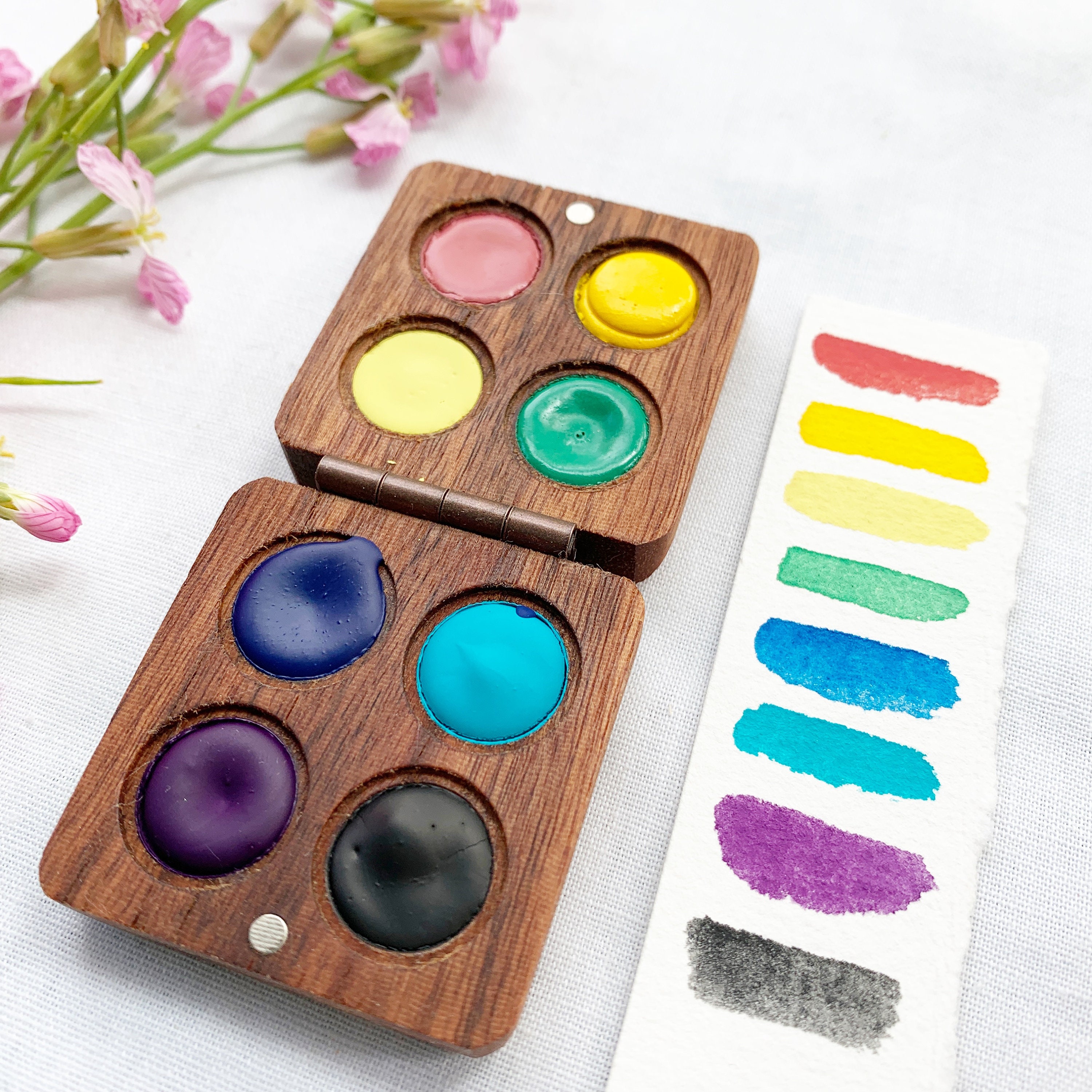June Collection Wood Palettes. Handmade watercolor paint sets featuring