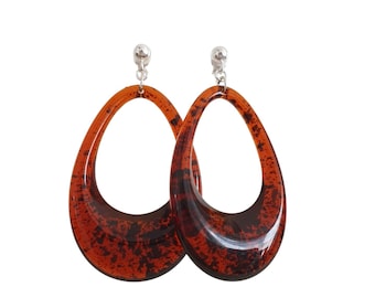 Boucles d'oreilles marron écaille pour femme, goutte évidée en acrylique et argent 925