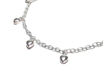 PASSION - bracelet de cheville en argent pendentifs cœurs, charms cœurs, cadeau pour elle