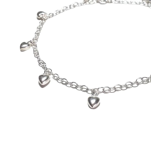 PASSION - bracelet de cheville en argent pendentifs cœurs, charms cœurs, cadeau pour elle