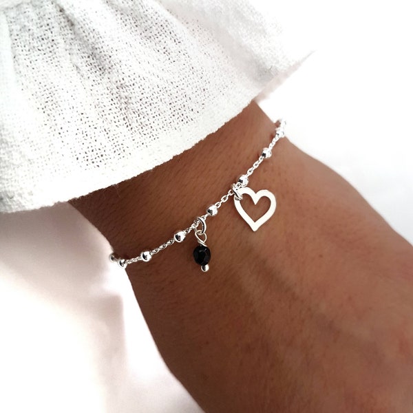 AMOUR  perle noire Cadeau Saint Valentin - bracelet en argent pendentif cœur