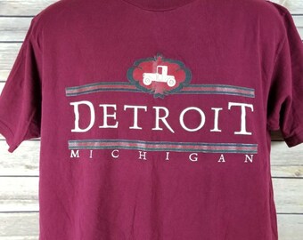 Vintage Detroit Michigan Mens Lg Souvenir Tee Shirt Burgundy Jerzees USA Made