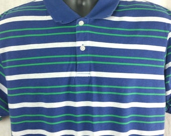 Vintage Spare Time Blue Striped Polo Shirt Mens XL Short Sleeve Banded Hem