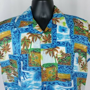 Vintage Waikiki Holiday Mens Med Blue Hawaiian Shirt Aloha Camp 70s Big Collar
