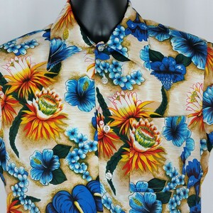 Aloha Hawaiian Vintage Shirt Mens Med Big Collar Floral Blue Yellow 70s Camp