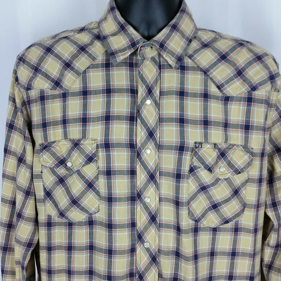 Wrangler Vintage Pearl Snap Mens XL Tan Blue Red … - image 2