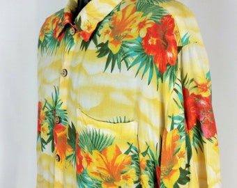 KAD Clothing Mens XL Yellow Orange Hawaiian Floral Aloha Camp Shirt Rayon