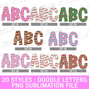 May include: Twelve sets of doodle alphabet letters in various colors and patterns. Each set includes the letters A, B, and C. The letters are in a cartoon style and have a hand-drawn look. The sets are labeled with numbers 1 through 12.
