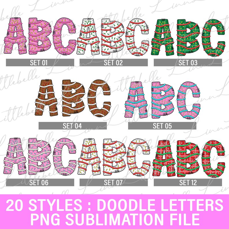 May include: Twelve sets of doodle alphabet letters in various colors and patterns. Each set includes the letters A, B, and C. The letters are in a cartoon style and have a hand-drawn look. The sets are labeled with numbers 1 through 12.