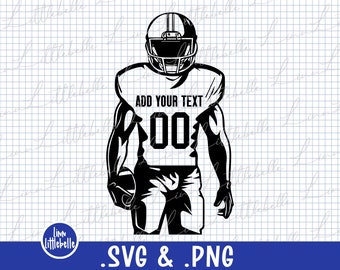 May include: A black and white graphic illustration of a football player wearing a helmet and jersey. The jersey features the text ADD YOUR TEXT above the number 00. The player is holding a football in one hand, rendered in a clean vector style.