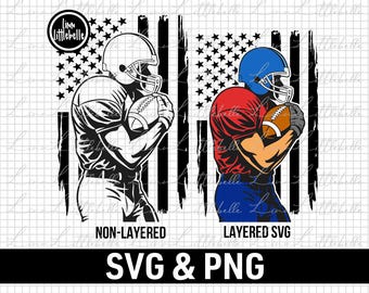 May include: A digital graphic featuring two American football players in front of a flag design. The left version is black and white, labeled Non-Layered. The right version is colored in red, blue, and brown, labeled Layered SVG. Text reads SVG & PNG.