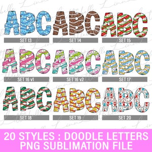 May include: 20 different styles of doodle letters in the alphabet A, B, and C. Each letter is decorated with different patterns and colors, including stripes, polka dots, and swirls. The letters are in a cartoon style and are perfect for use in crafts, scrapbooking, and other creative projects.