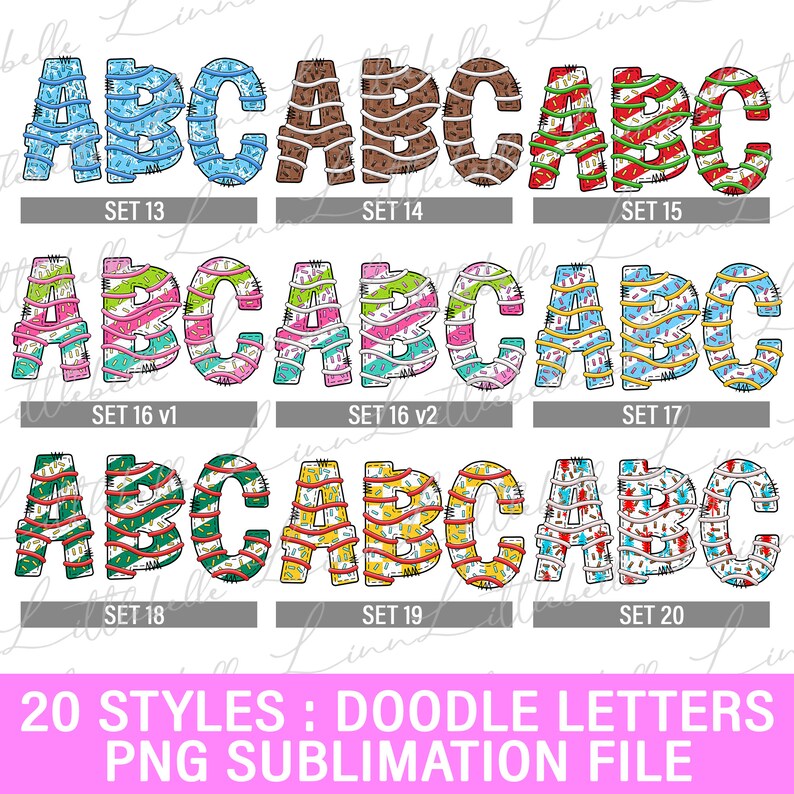 May include: 20 different styles of doodle letters in the alphabet A, B, and C. Each letter is decorated with different patterns and colors, including stripes, polka dots, and swirls. The letters are in a cartoon style and are perfect for use in crafts, scrapbooking, and other creative projects.