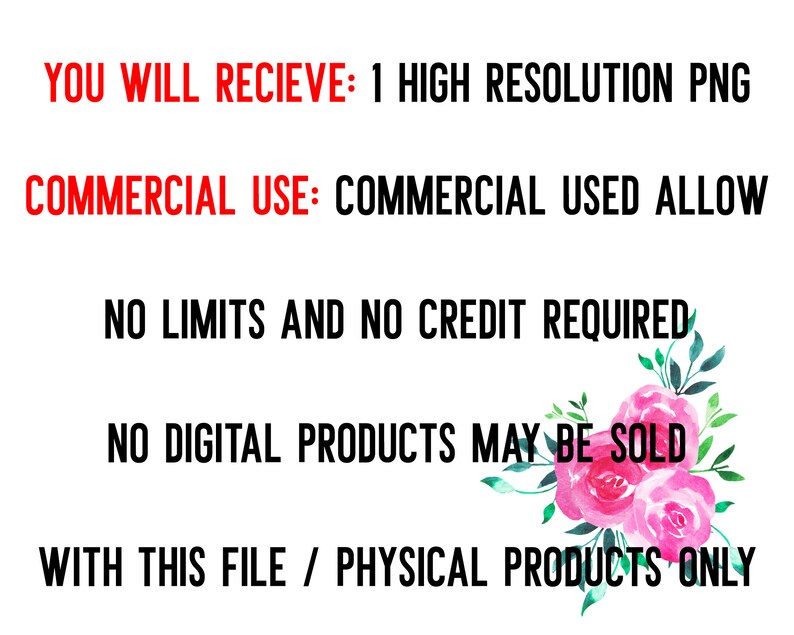 May include: Text overlay on a white background with pink watercolour flowers. The text reads: "YOU WILL RECIEVE: 1 HIGH RESOLUTION PNG COMMERCIAL USE: COMMERCIAL USED ALLOW NO LIMITS AND NO CREDIT REQUIRED NO DIGITAL PRODUCTS MAY BE SOLD WITH THIS FILE / PHYSICAL PRODUCTS ONLY"