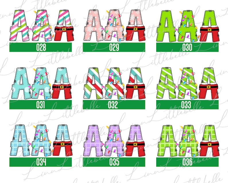 Peut inclure: Plusieurs mod&egrave;les de la lettre A sur le th&egrave;me de No&euml;l. Chaque lettre est orn&eacute;e de motifs festifs, de guirlandes lumineuses et d'une ceinture et d'un pantalon de style P&egrave;re No&euml;l. Les num&eacute;ros 028 &agrave; 036 sont affich&eacute;s.