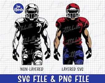 May include: Two football player illustrations, one in black and white, the other in color. The color illustration shows a red helmet and jersey, black pants, and tan arms. The text at the bottom reads "SVG FILE & PNG FILE".