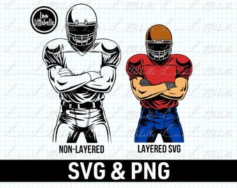 May include: A digital graphic featuring two American football players with arms crossed. The left figure is a black and white line drawing labeled NON-LAYERED, while the right figure is a colored version with a brown helmet, red jersey, and blue pants labeled LAYERED SVG. The text SVG & PNG appears at the bottom.