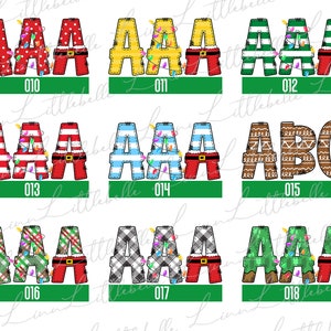 Peut inclure: Plusieurs lettres d&eacute;coratives sur le th&egrave;me de No&euml;l. Chaque lettre est orn&eacute;e de motifs festifs, de pantalons de style P&egrave;re No&euml;l et de guirlandes lumineuses. Les lettres sont de diff&eacute;rentes couleurs, notamment le rouge, le vert et le jaune. Les num&eacute;ros 010 &agrave; 018 sont inclus.