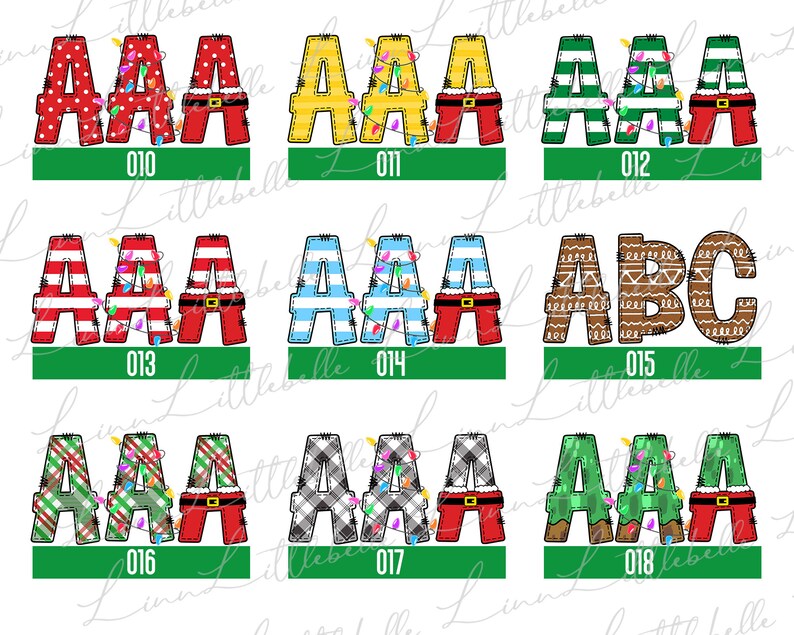 Peut inclure: Plusieurs lettres d&eacute;coratives sur le th&egrave;me de No&euml;l. Chaque lettre est orn&eacute;e de motifs festifs, de pantalons de style P&egrave;re No&euml;l et de guirlandes lumineuses. Les lettres sont de diff&eacute;rentes couleurs, notamment le rouge, le vert et le jaune. Les num&eacute;ros 010 &agrave; 018 sont inclus.