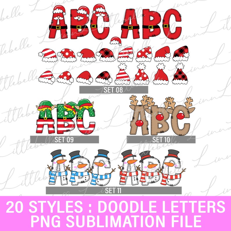 May include: A set of 20 digital clipart images of the letters A, B, and C in various Christmas themes. The letters are in a doodle style and are perfect for sublimation projects. The themes include Santa, elves, reindeer, and snowmen.