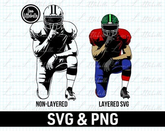 May include: An illustration of a football player kneeling with a finger to their lips, in both black and white and color versions. The text "NON-LAYERED" and "LAYERED SVG" are below the images, with "SVG & PNG" at the bottom.