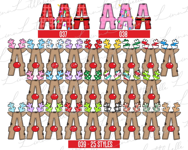 Peut inclure: Une collection de motifs de lettres sur le th&egrave;me de No&euml;l. Les lettres sont d&eacute;cor&eacute;es d'&eacute;l&eacute;ments festifs comme des costumes de P&egrave;re No&euml;l, des guirlandes lumineuses et des bois de rennes. Le texte "037", "038", "039 - 25 STYLES" est inclus.