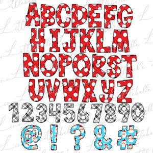 Peut inclure: Un ensemble complet d'alphabet et de chiffres dans un design festif. Les lettres sont rouges avec des pois blancs, soulign&eacute;es d'un effet cousu. Les chiffres sont &agrave; carreaux noirs et blancs. Symboles avec le P&egrave;re No&euml;l et des accents bleus.