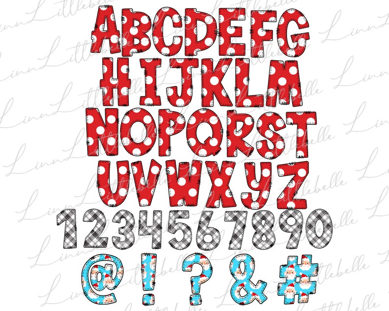 Peut inclure: Un ensemble complet d'alphabet et de chiffres dans un design festif. Les lettres sont rouges avec des pois blancs, soulign&eacute;es d'un effet cousu. Les chiffres sont &agrave; carreaux noirs et blancs. Symboles avec le P&egrave;re No&euml;l et des accents bleus.