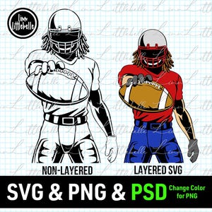 May include: Two digital illustrations of a football player holding a football. The player on the left is in black and white, while the player on the right is wearing a red jersey with blue pants. The text "NON-LAYERED" is below the black and white player, and the text "LAYERED SVG" is below the player in the red jersey. The text "SVG & PNG & PSD Change Color for PNG" is at the bottom of the image.