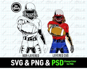 Puede incluir: Dos ilustraciones digitales de un jugador de fútbol americano sosteniendo un balón de fútbol. El jugador de la izquierda está en blanco y negro, mientras que el jugador de la derecha lleva una camiseta roja con pantalones azules. El texto "NON-LAYERED" está debajo del jugador en blanco y negro, y el texto "LAYERED SVG" está debajo del jugador con la camiseta roja. El texto "SVG & PNG & PSD Change Color for PNG" está en la parte inferior de la imagen.