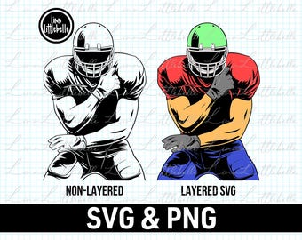 May include: A digital graphic featuring two American football players in a defensive stance. The left figure is a black and white line drawing, while the right figure is colored with a green helmet, red jersey, tan skin, and blue pants. Text reads Linn Littlebelle, NON-LAYERED, LAYERED SVG, and SVG & PNG.