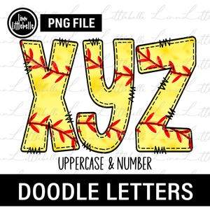 Softball Doodle letters Alphabet PNG, Sublimation | LTS-1846