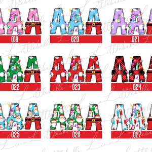 Peut inclure: Une collection de lettres "A" sur le th&egrave;me de No&euml;l. Chaque lettre pr&eacute;sente un motif unique, notamment des pois, du tartan et des illustrations du P&egrave;re No&euml;l. Les lettres sont orn&eacute;es de guirlandes lumineuses et associ&eacute;es &agrave; des pantalons et des ceintures rouges de style P&egrave;re No&euml;l. Num&eacute;ros 019-027 affich&eacute;s.