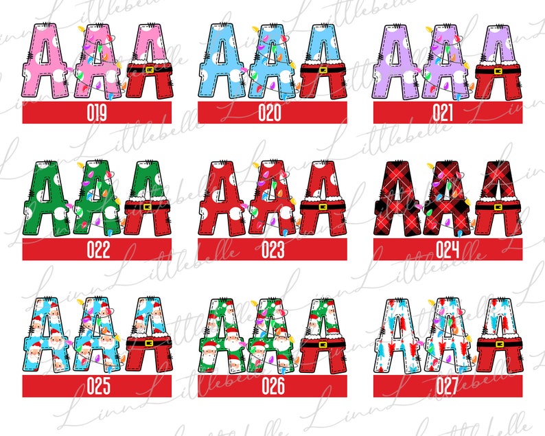 Peut inclure: Une collection de lettres "A" sur le th&egrave;me de No&euml;l. Chaque lettre pr&eacute;sente un motif unique, notamment des pois, du tartan et des illustrations du P&egrave;re No&euml;l. Les lettres sont orn&eacute;es de guirlandes lumineuses et associ&eacute;es &agrave; des pantalons et des ceintures rouges de style P&egrave;re No&euml;l. Num&eacute;ros 019-027 affich&eacute;s.