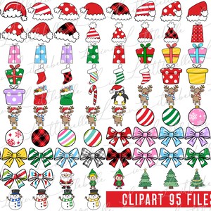 Peut inclure: Une collection de 95 fichiers clipart sur le th&egrave;me de No&euml;l. L'image pr&eacute;sente divers &eacute;l&eacute;ments festifs, notamment des bonnets de P&egrave;re No&euml;l, des bo&icirc;tes cadeaux, des bas de No&euml;l, des boules de No&euml;l, des n&oelig;uds, des rennes, des bonhommes de neige, des elfes et des arbres de No&euml;l. Le clipart est de style cartoon avec une vari&eacute;t&eacute; de couleurs et de motifs.