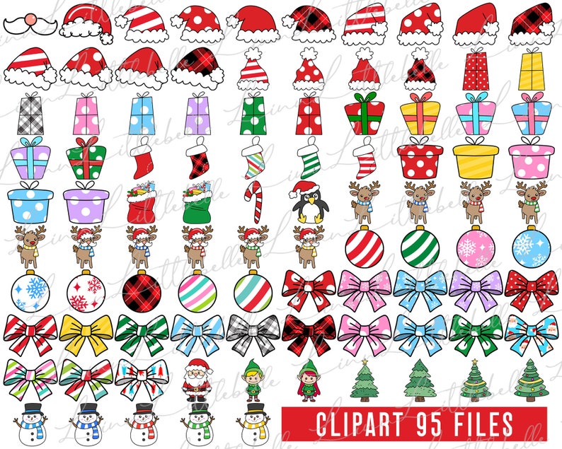 Peut inclure: Une collection de 95 fichiers clipart sur le th&egrave;me de No&euml;l. L'image pr&eacute;sente divers &eacute;l&eacute;ments festifs, notamment des bonnets de P&egrave;re No&euml;l, des bo&icirc;tes cadeaux, des bas de No&euml;l, des boules de No&euml;l, des n&oelig;uds, des rennes, des bonhommes de neige, des elfes et des arbres de No&euml;l. Le clipart est de style cartoon avec une vari&eacute;t&eacute; de couleurs et de motifs.