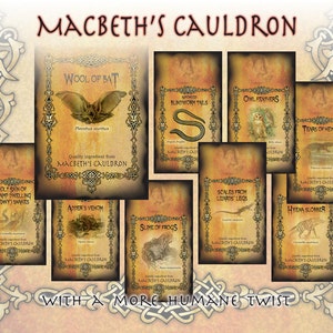 May include: A collection of nine vintage-style labels with illustrations of various animals and the text "MACBETH'S CAULDRON" on each. The labels are on a parchment-like background with a decorative border.