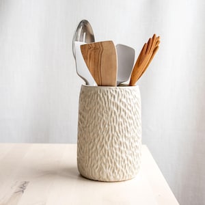 Handmade Textured Ceramic Utensil Crock | Stoneware Utensil Holder for Kitchen Counter | Clay Crock | Speckled Clay Utensil Holder