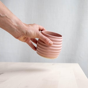 Handmade Ceramic Ridged Tumbler: Matte Pink Handleless Mug, Clay Wine Tumbler