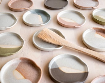 Two Tone Handmade Ceramic Spoon Rest | Stoneware Utensil Spatula Rest | Kitchen Accessories | Hostess Gift
