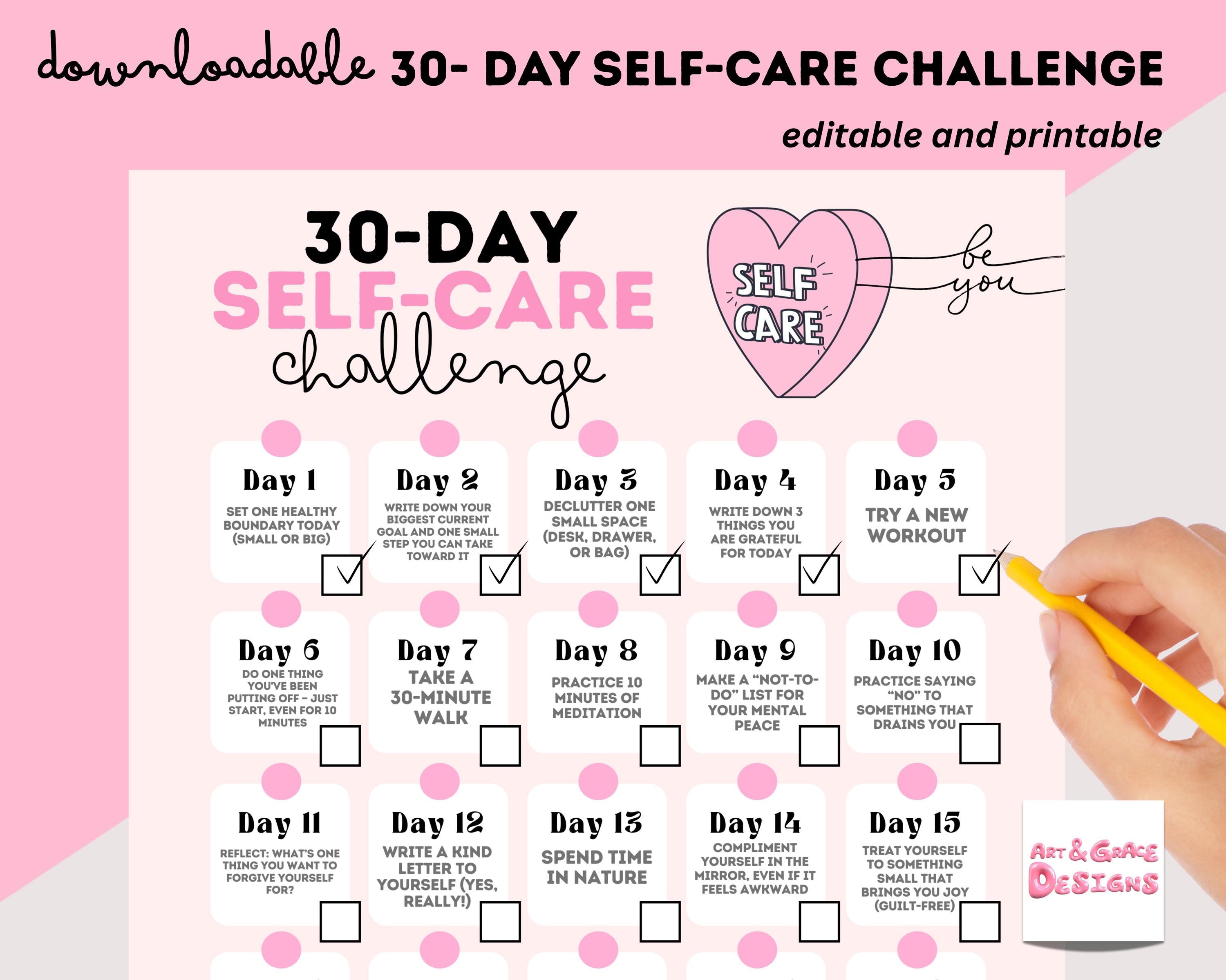 Printable PDF 30 Day Self Care Challenge - Personalised Instant Download - Encouragement Chart -Self Love-Burnout-Stress Management-Wellness